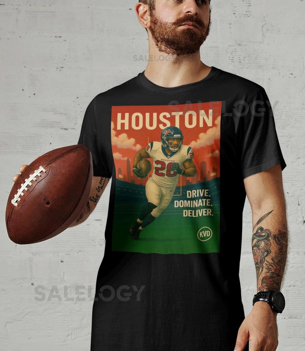 Houston Football Skyline T-Shirt quotDrive. Dominate. Deliver.quot Graph_253
