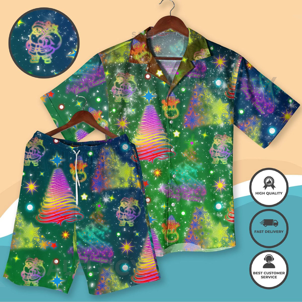 Christmas Hawaiian Shirt Neon Xmas Tree Santa Outfit Festive Holiday Aloha Shirt and Shorts Funny Christmas Party Outfit Xmas Shirt Gifts_28