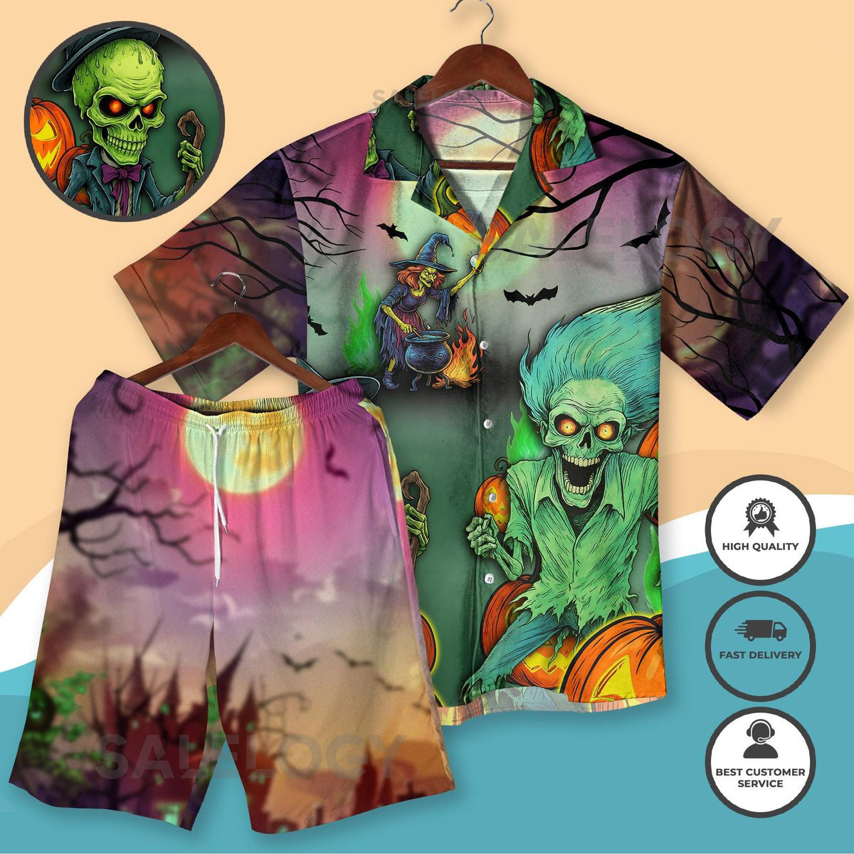 Halloween Hawaiian Shirt Spooky Skeleton Witch Graphic Outfit Scary Horror Aloha Shirt and Shorts Creepy Party Costume Halloween Gifts_97