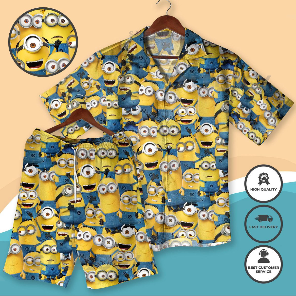 Funny Hawaiian Shirt and Shorts Cartoon Summer Outfit Unisex Beachwear Vacation Party Shirt Gift for Him or Her Yellow Cartoon Shirts Gifts_76