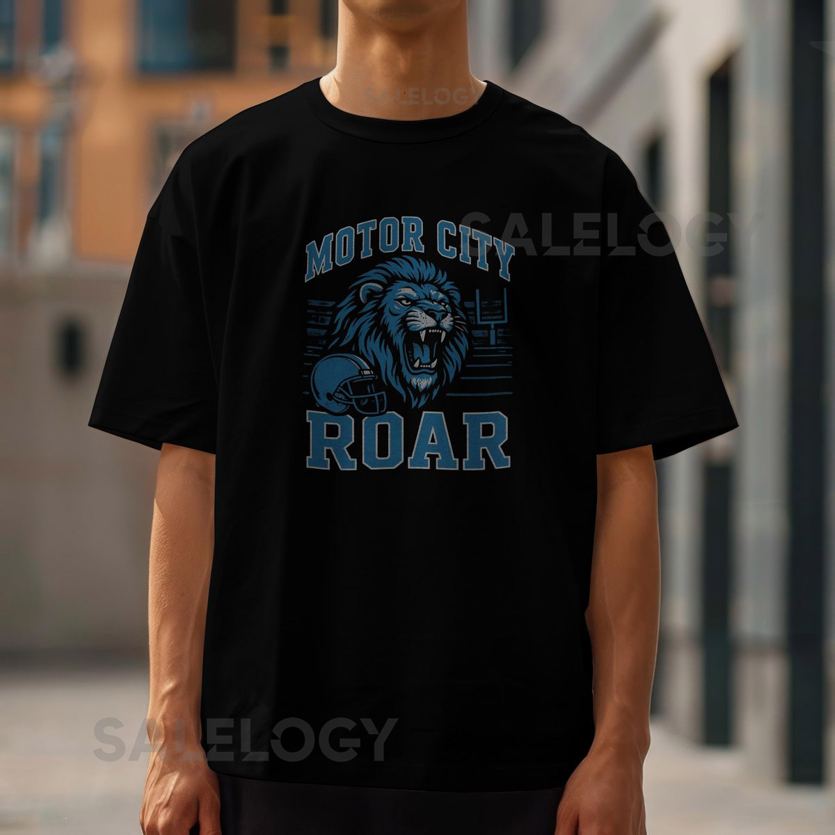 Motor City Roar T-Shirt Detroit Football Fan Tee Blue Lion Graphic Shirt_607