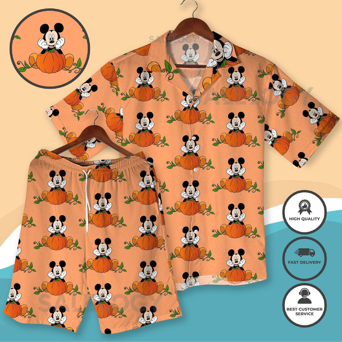 Halloween Pumpkin Mickey Hawaiian Shirt and Shorts Cute Fall Cartoon Aloha Outfit Cartoon Inspired Summer Vacation Beach Wear Halloween_109