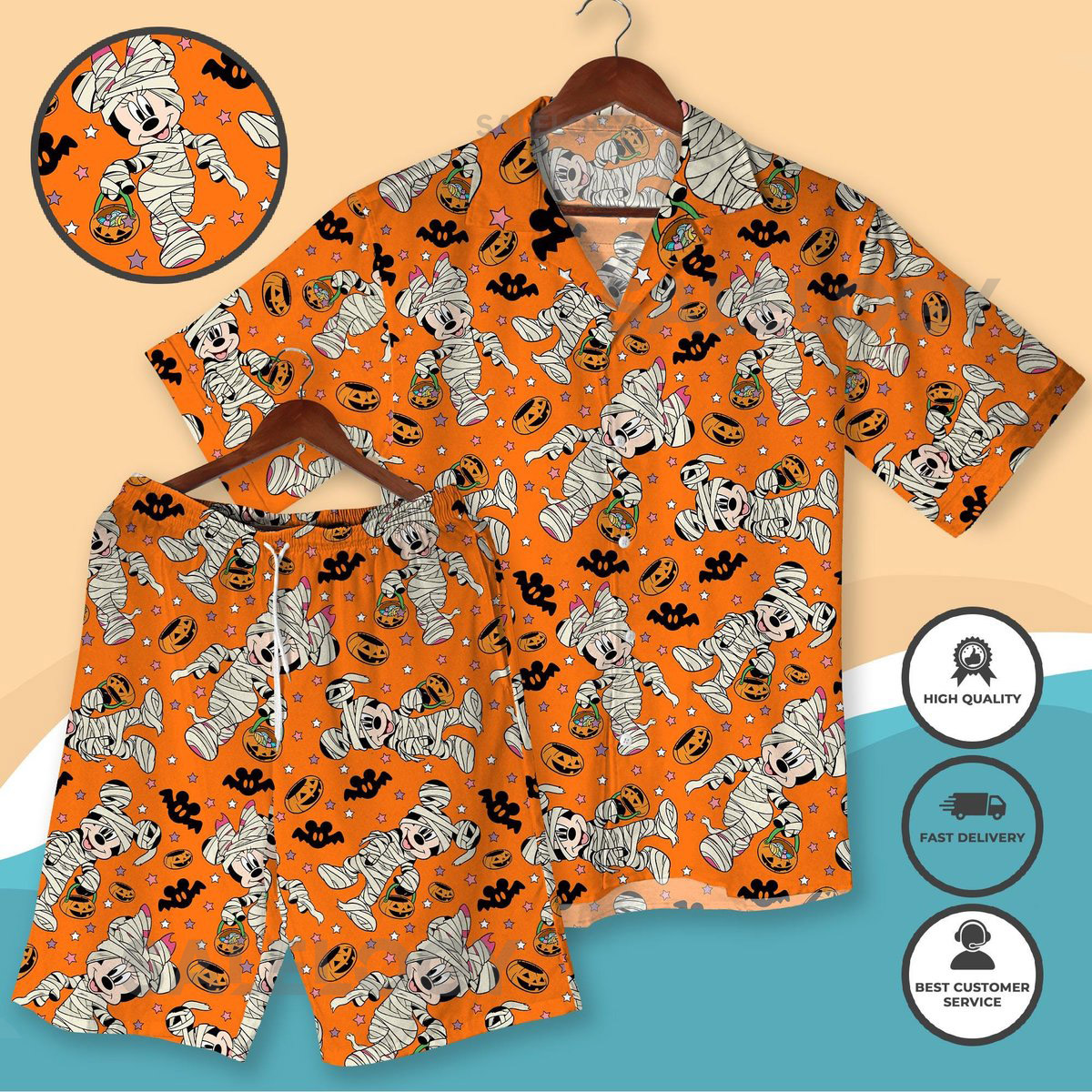 Halloween Mummy Mickey Hawaiian Shirt and Shorts Spooky Cartoon Fall Aloha Outfit Halloween Mickey Vacation Beach Wear Halloween Shirt Gifts_104