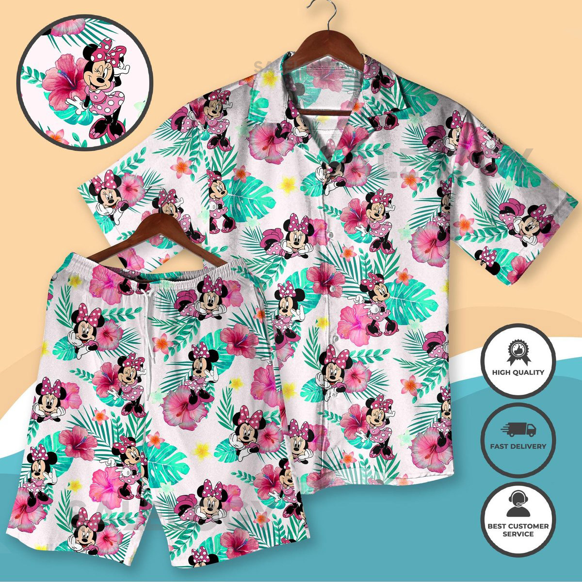 Minnie Hawaiian Shirt and Shorts Minnie Pink Floral Aloha Outfit Minnie Vacation Beachwear for Women Men Christmas Shirt Gifts Beach Shirt_196