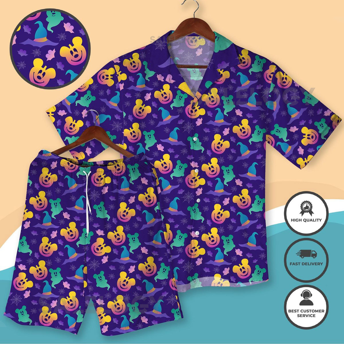 Halloween Hawaiian Shirt and Shorts Colorful Mickey Pumpkin Ghost Bat Print Spooky Aloha Outfit for fan Lovers Mickey Ghost Bat Purple Shirt_91