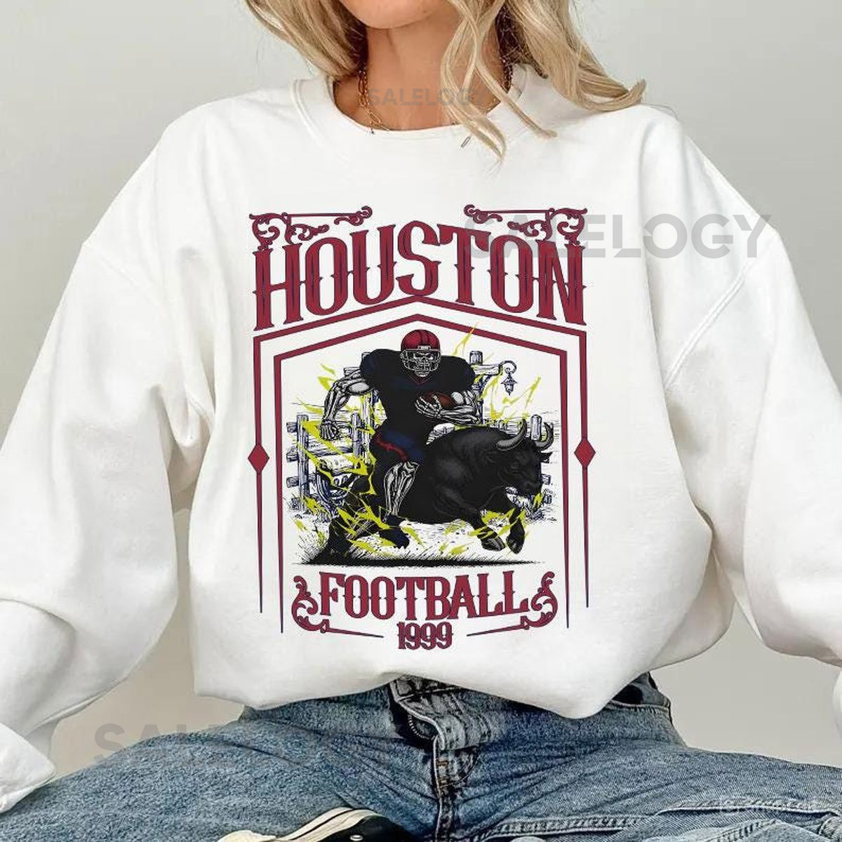 Houston Football Skull Vintage SweatshirtHouston Fan GiftsFootball Game Day SweatshirtHouston Football CrewneckFootball T_252