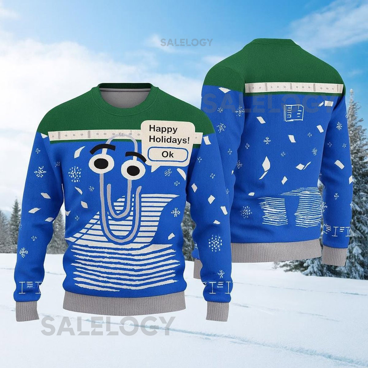 Clippy Holiday Sweater All Over Printed Green Ugly xmas Design Funny Artificial Wool Xmas SweaterUnique Holiday  for Microsoft Lovers