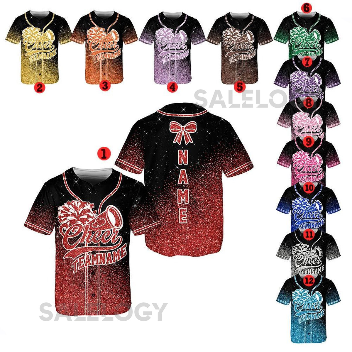 Personalized Team Name Number Bow Megaphone Baseball Jersey Sparkle Glitter Team Uniform Cheer Shirt for Adult Kid Youth Cheerleading_667