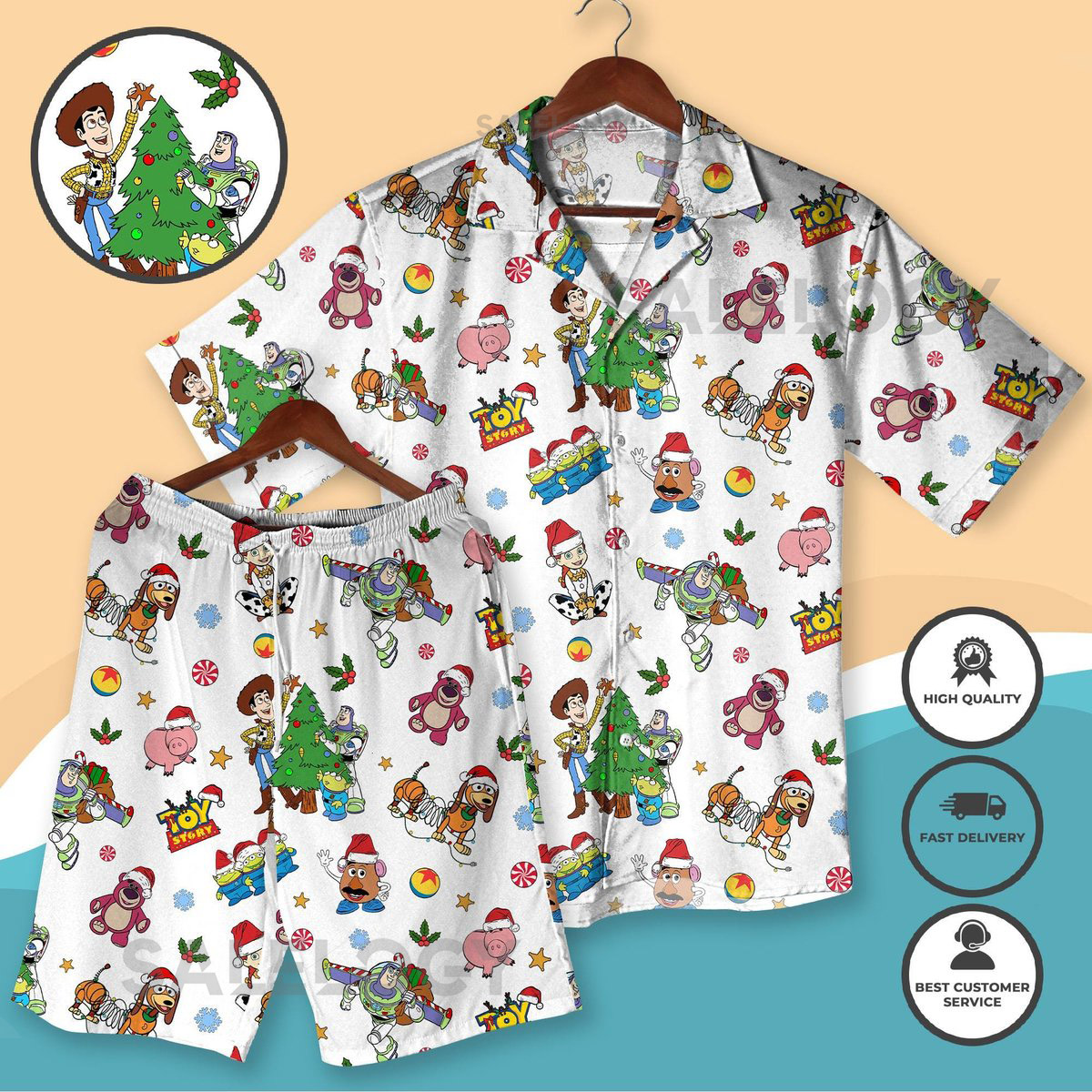 Christmas Toy Matching Shirt and Shorts Fun Xmas Cartoon Shirt for Adults Buzz Woody Rex and Friends in Santa Hat 3D All Over Print Shirt_46
