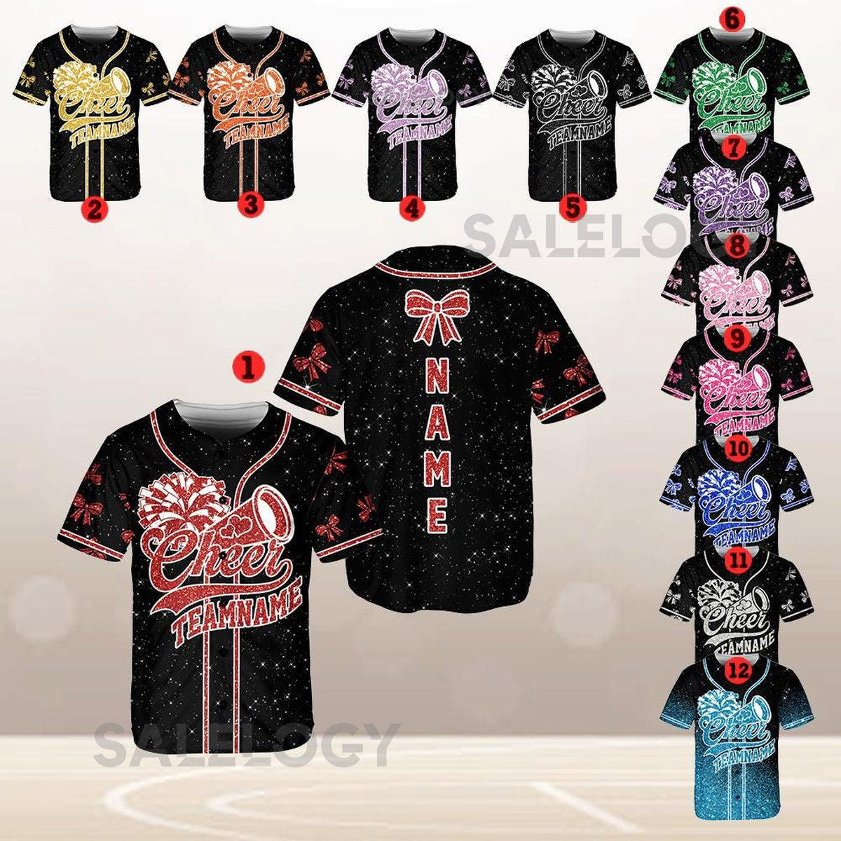 Personalized Team Name Number Bow Megaphone Baseball Jersey Sparkle Glitter Team Uniform Cheer Shirt for Adult Kid Youth Cheerleading_668