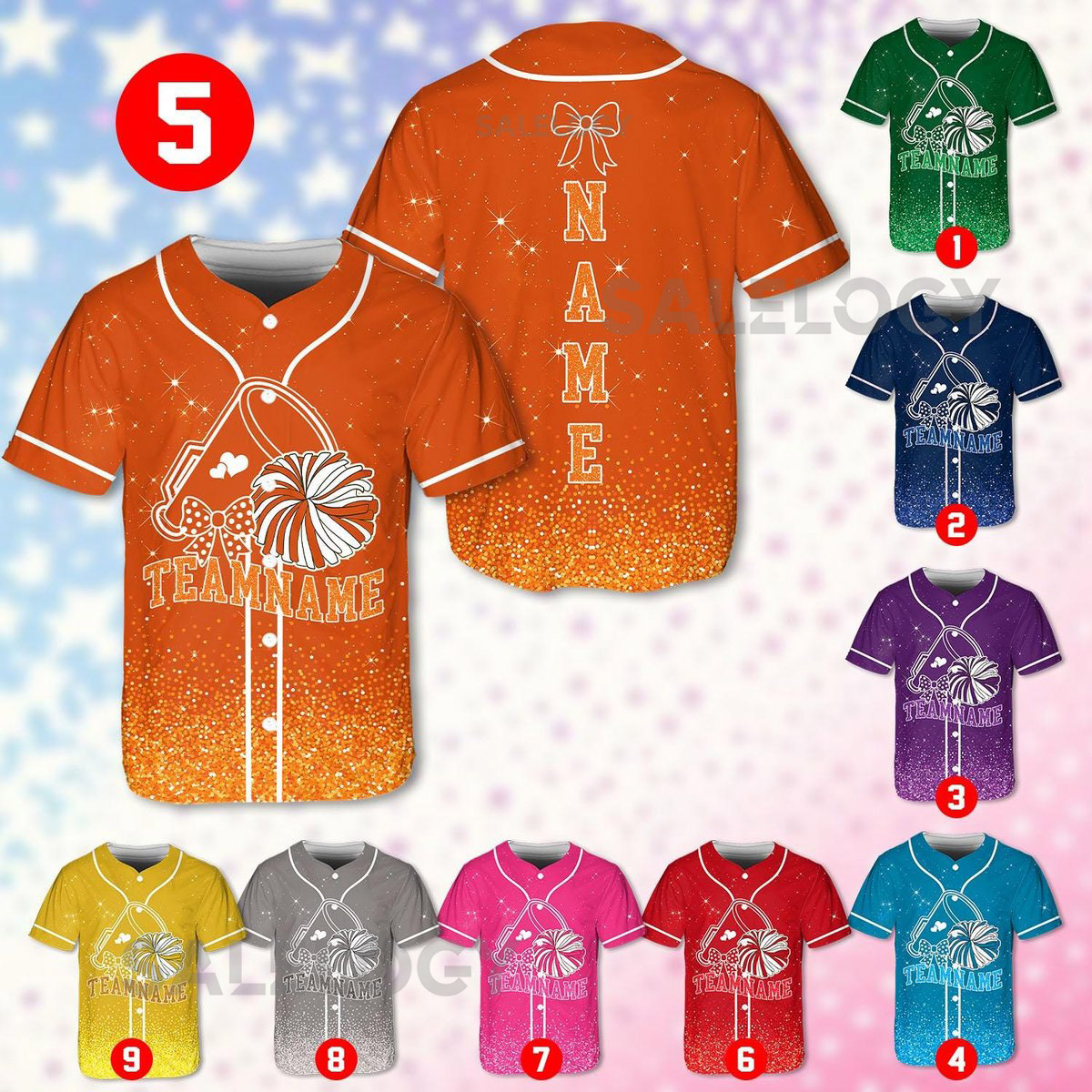 Personalized Team Name Number Bow Megaphone Baseball Jersey Sparkle Glitter Team Uniform Cheer Shirt for Adult Kid Youth Cheerleading_669