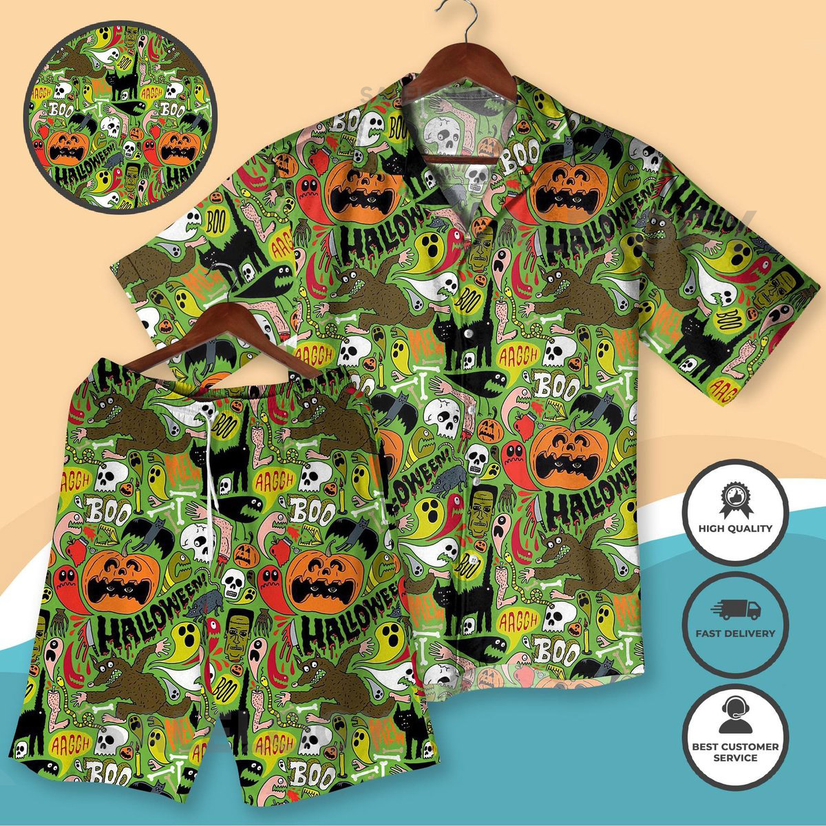 Halloween Hawaiian Shirt Shorts Set - Spooky Pumpkin Ghost Skull Print - Aloha Vacation Outfit - Funny Holiday Party Costume Men Women_94