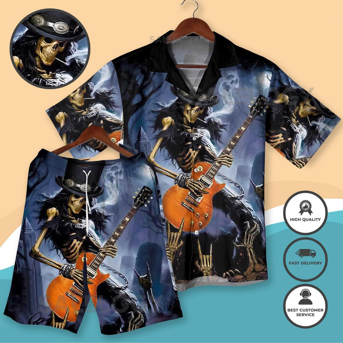 Rock Guitar Skeleton Hawaiian Shirt Shorts Gothic Halloween Music Festival Outfit Heavy Metal Aloha Shirt for Men Women Edgy Party Wear_221