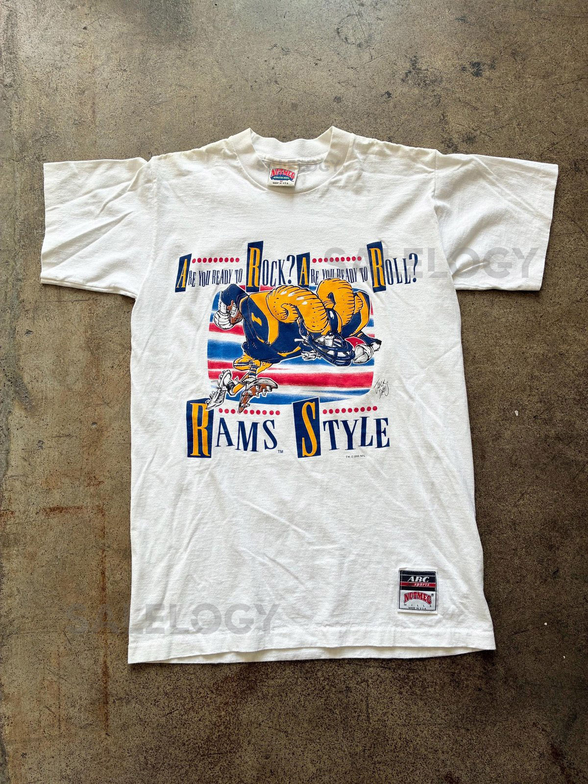 Vintage 90s 1990s 1991 Los Angeles Rams Nutmeg T-shirt Made in USA Medium tag Small approx fit Jack Davis_784