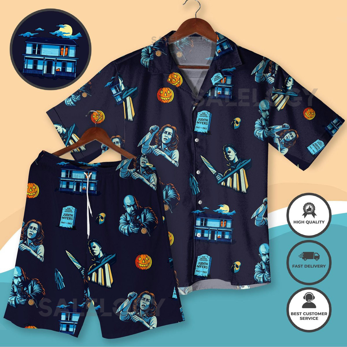 Halloween Horror Hawaiian Shirt Shorts - Spooky Season Haunted House Retro Scary Movie Aloha Vacation Outfit - Unisex Halloween Apparel_98