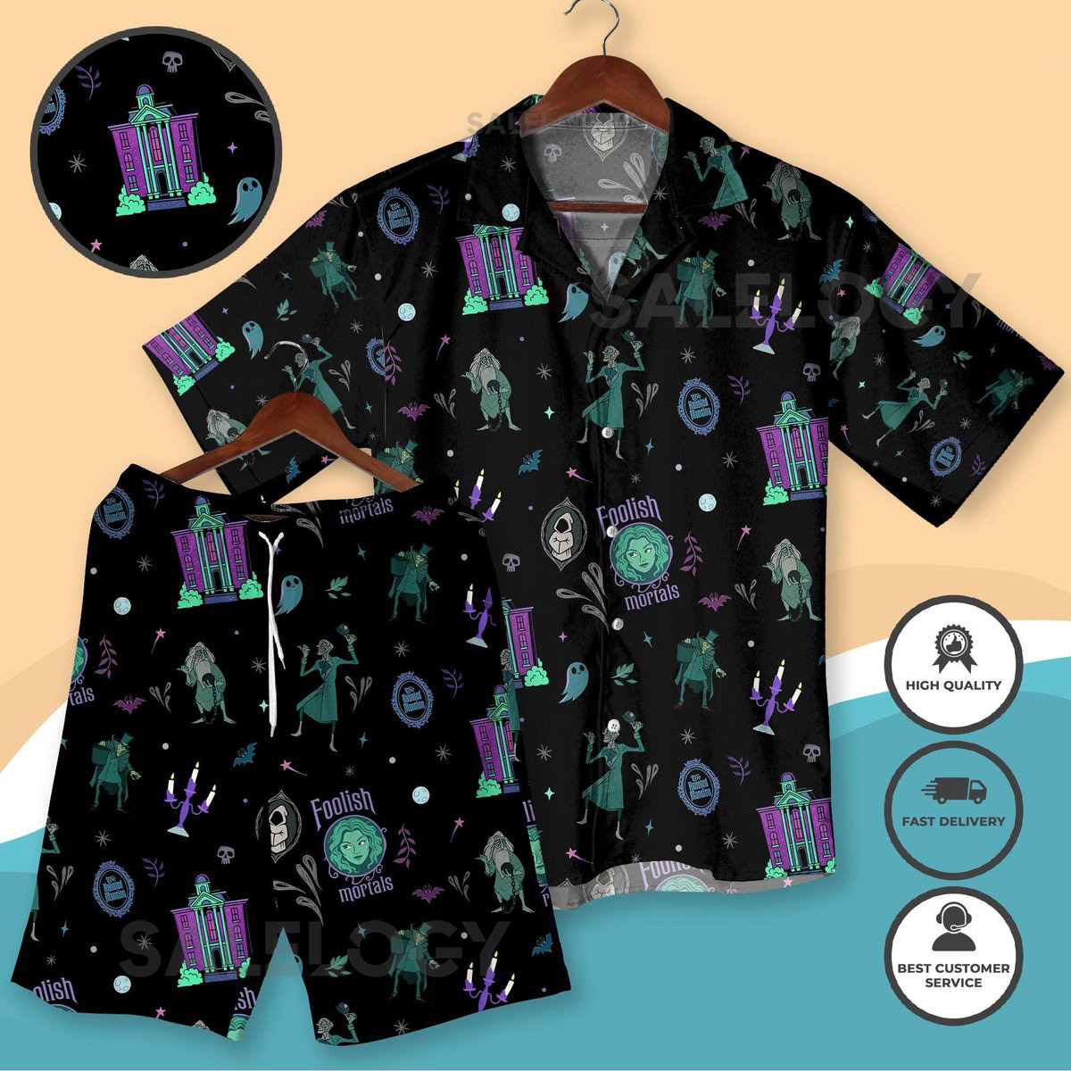 Spooky Hawaiian Shirt Shorts - Haunted Mansion Inspired Outfit - Halloween Vacation Clothing - Ghostly Aloha Shirt - Foolish Mortals Print_245