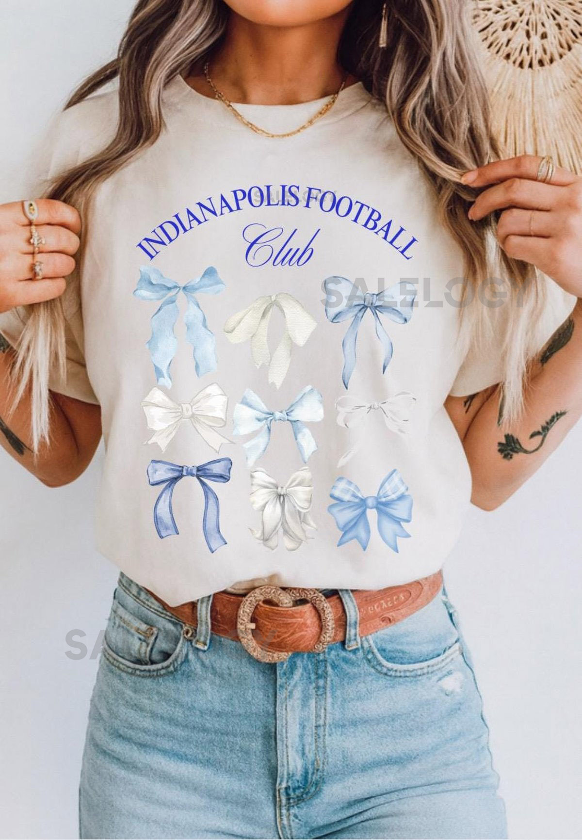 Indy Football Bow Tee Blue White Coquette Game Day_560