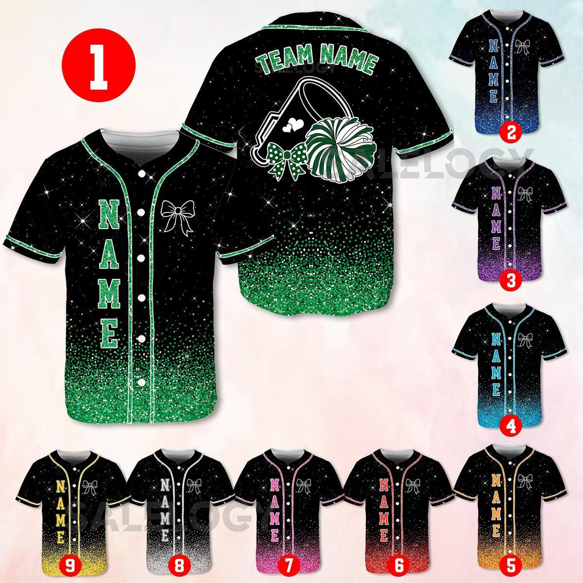 Personalized Team Name Number Bow Megaphone Baseball Jersey Sparkle Glitter Team Uniform Cheer Shirt for Adult Kid Youth Cheerleading_670