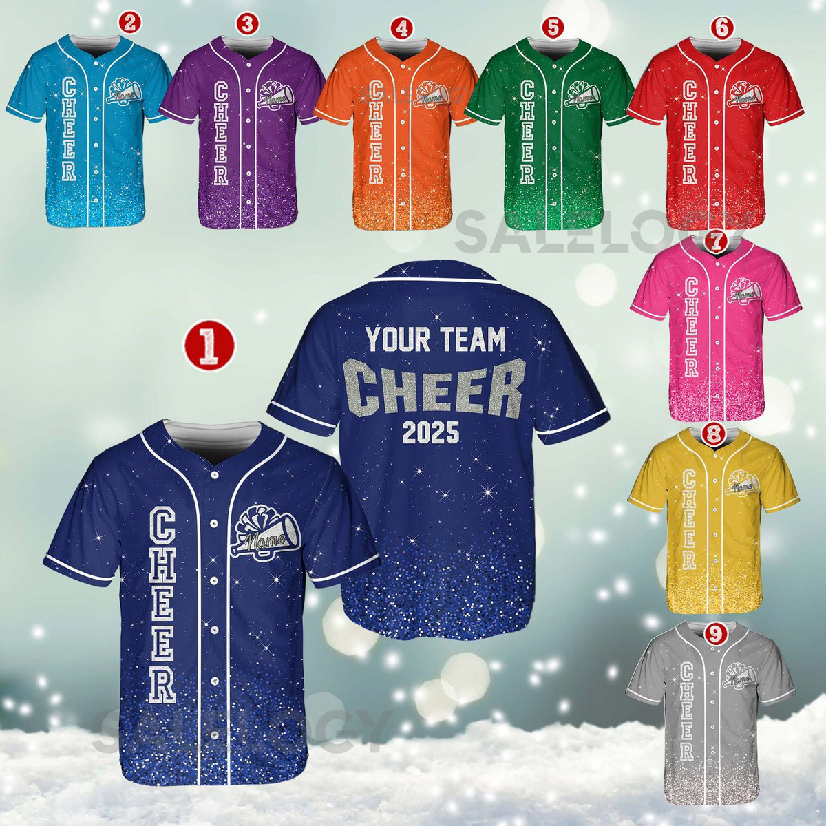 Personalized Team Name Number Bow Megaphone Baseball Jersey Sparkle Glitter Team Uniform Cheer Shirt for Adult Kid Youth Cheerleading_671