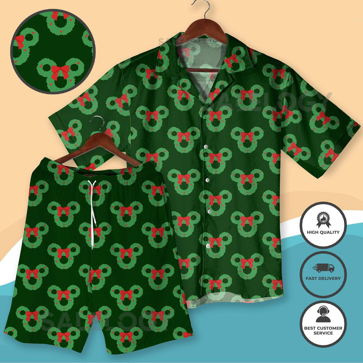 Christmas Mickey Wreath Hawaiian Shirt and Shorts Holiday Style Beach Outfit Xmas Vacation Matching Family Shirt Xmas Mickey Shirt Gifts_41