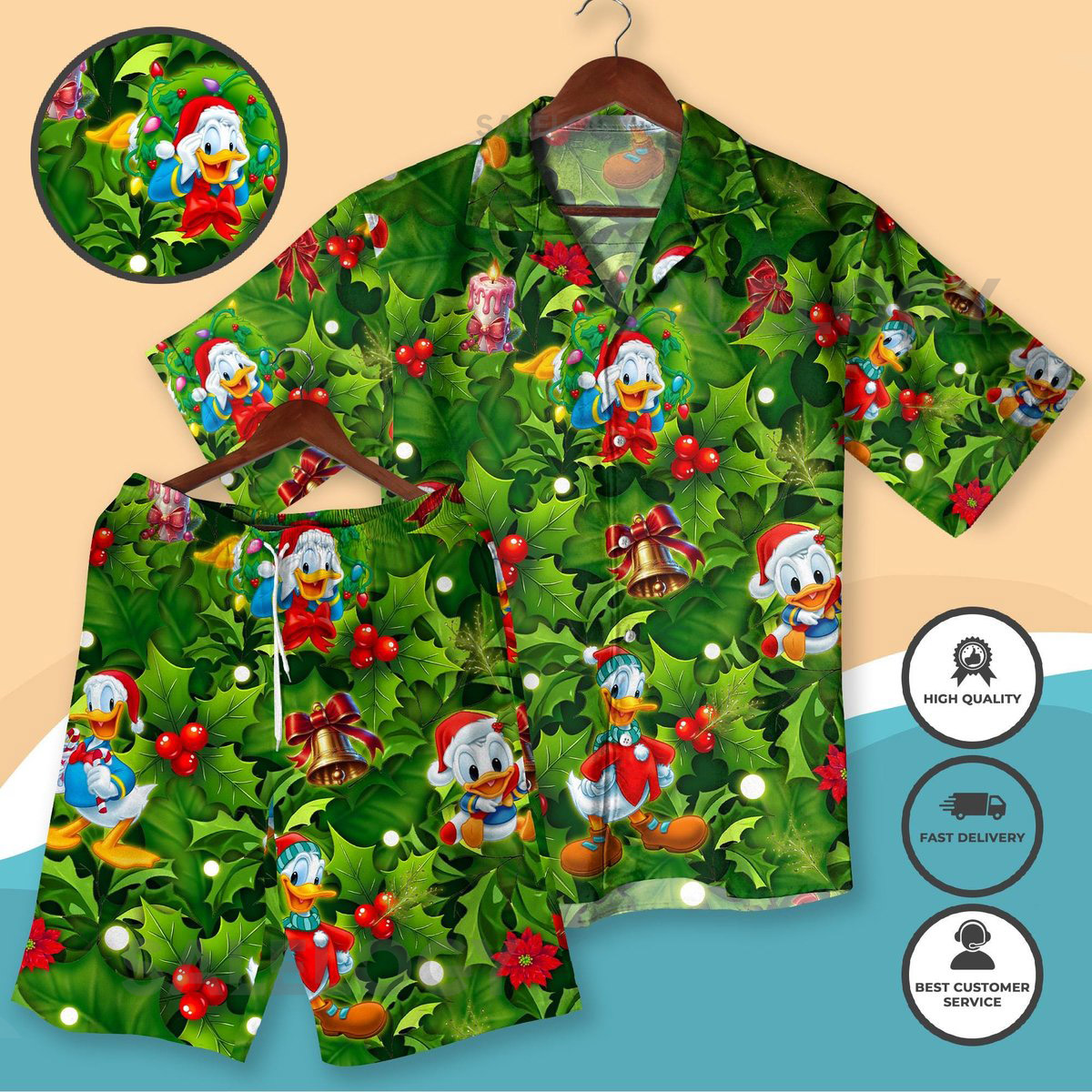 Christmas Donald Duck Hawaiian Shirt and Shorts Festive Holiday Holly Print Donald Duck Green Tropical Christmas Party Outfit for Men Women_14