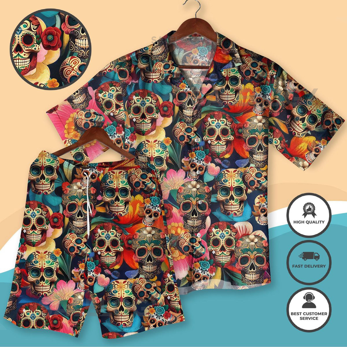 Day of the Dead Hawaiian Shirt and Shorts Colorful Sugar Skull Aloha Outfit for Men Women Tropical Vacation Festival Party Halloween Clothes_63