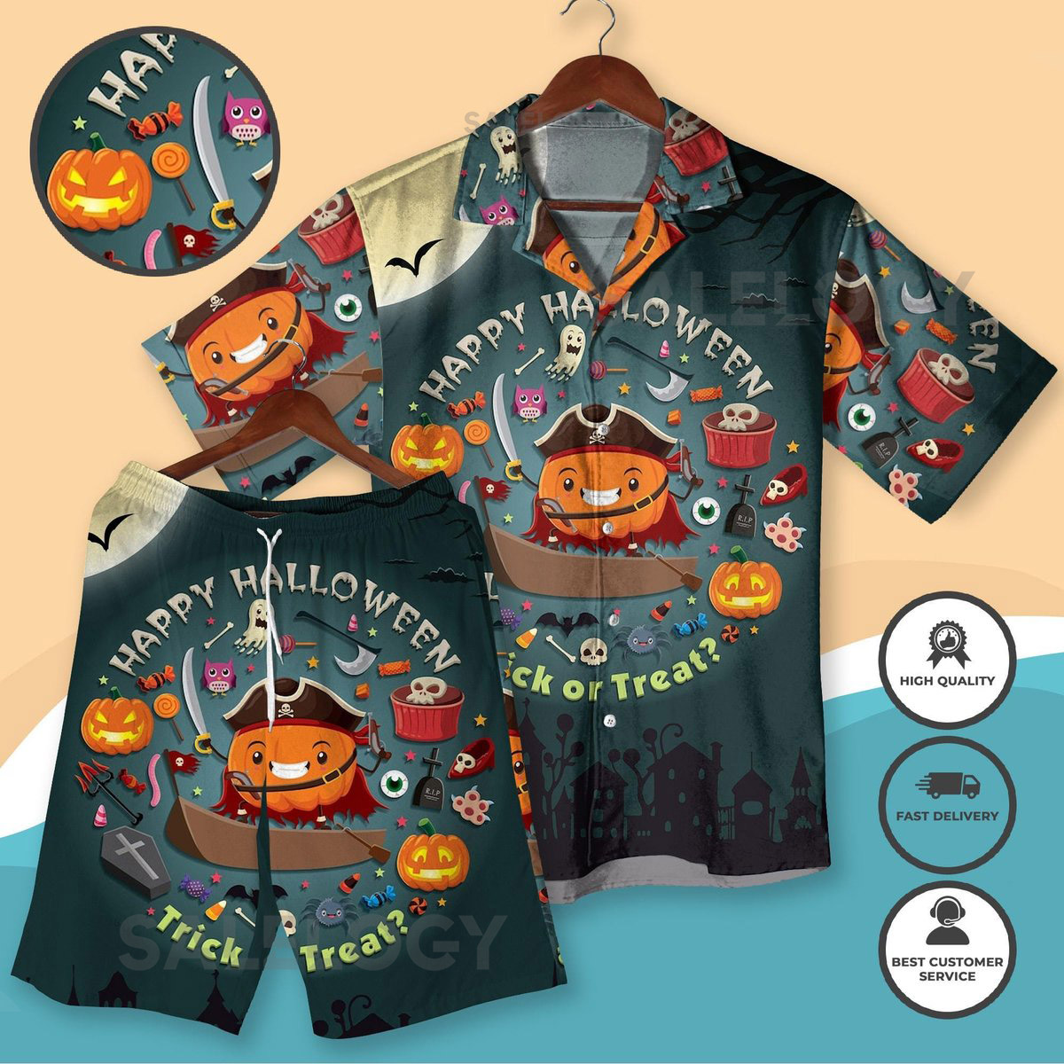 Happy Halloween Hawaiian Shirt and Shorts Pirate Pumpkin Trick or Treat Outfit Fun Spooky Party Beachwear for Men Women Halloween Shirts_114