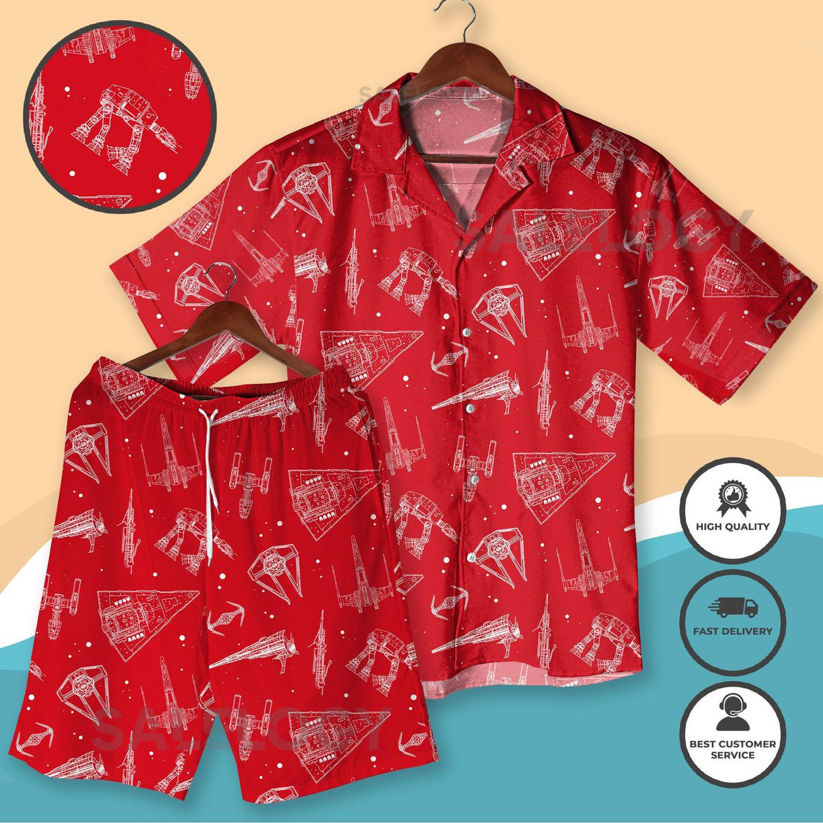 Red Space Adventure Hawaiian Shirt Shorts Galactic Starship Print Fun Sci-Fi Vacation Festival Outfit for Men Women Red Xmas Hawaiian Shirt_218