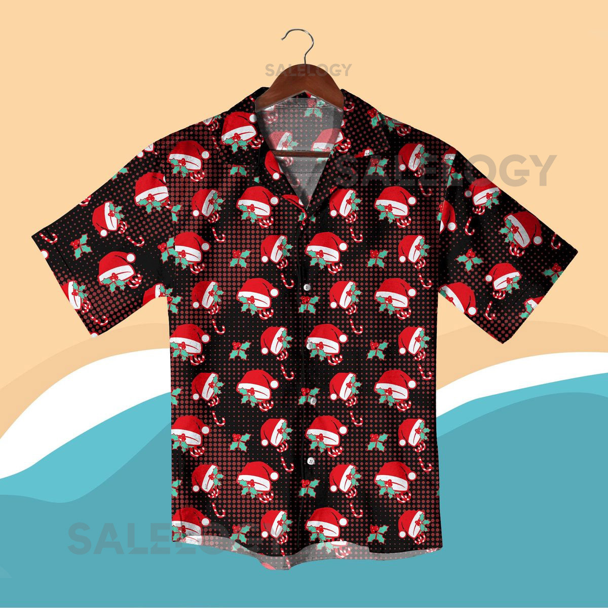 Christmas Hawaiian Shirt and Shorts Black Red Santa Hat Candy Cane Holiday Aloha Outfit Men Festive Vacation Party Matching Shirt Xmas Gifts_16