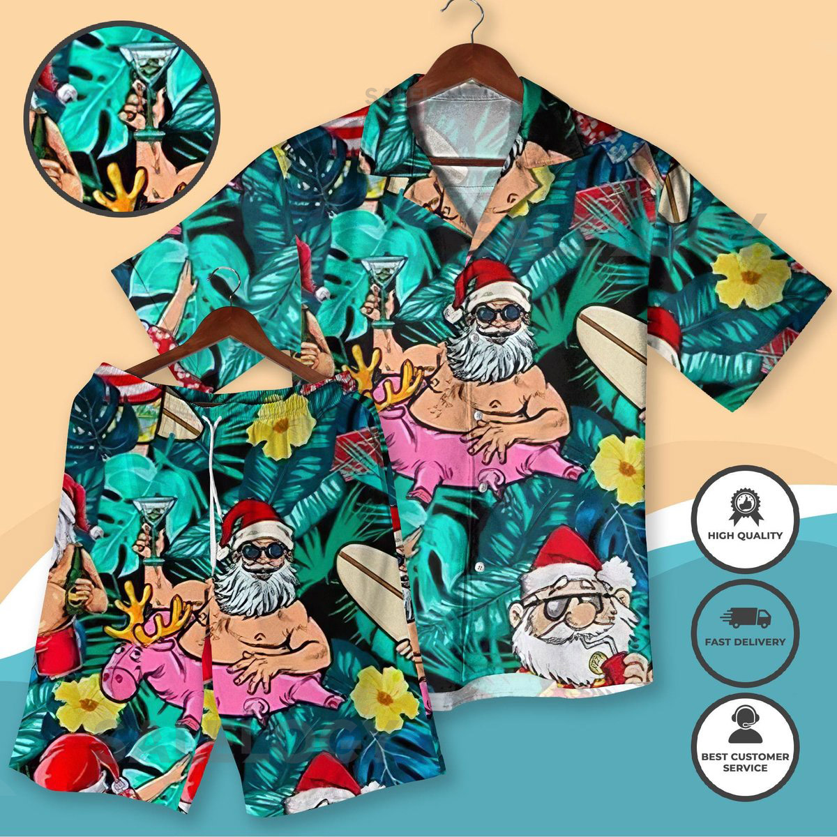 Santa Hawaiian Shirt Funny Tropical Christmas Outfit Aloha Holiday Shirt Shorts Beach Party Xmas Clothing for Men Women Christmas Shirts_229