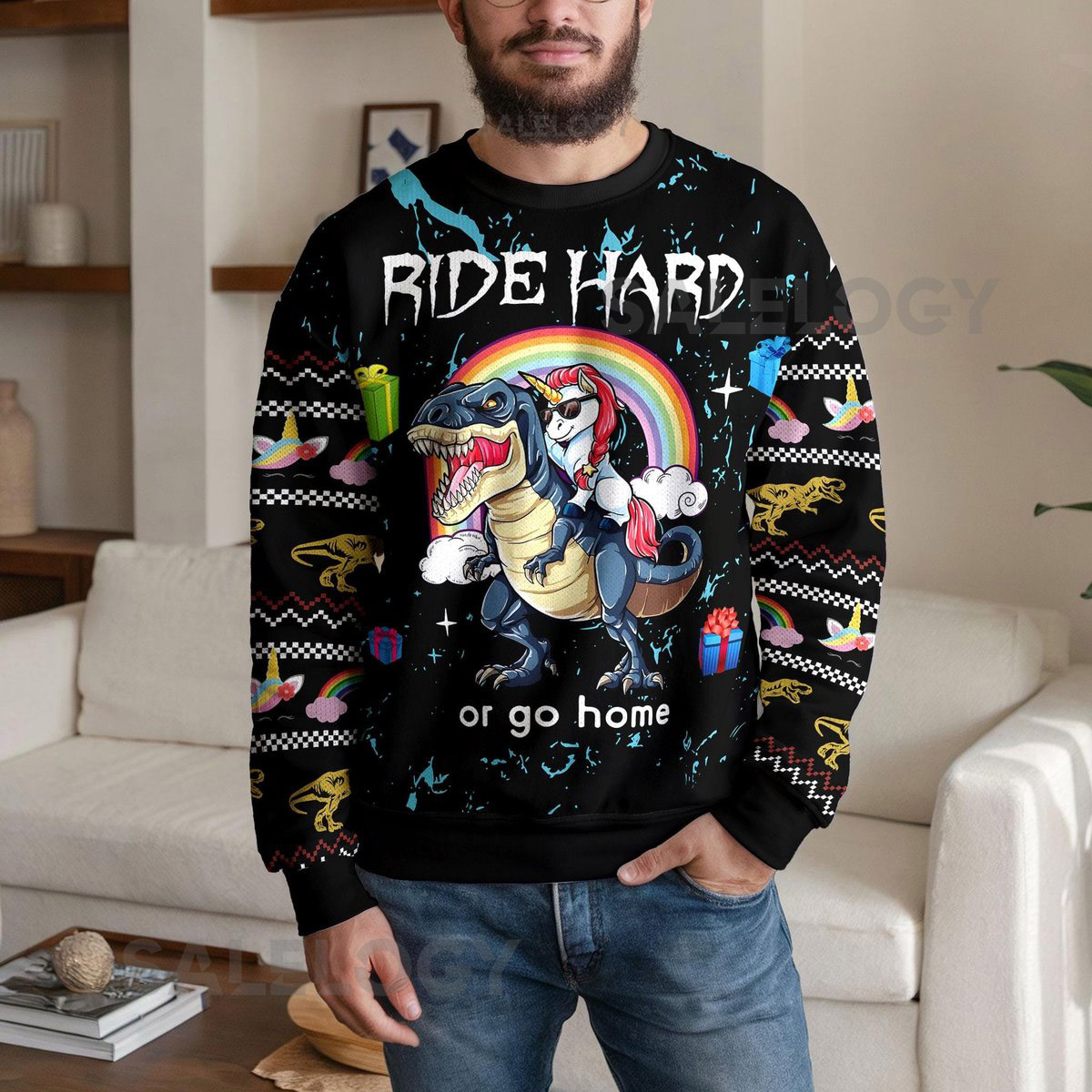 Funny Dinosaur Unicorn Ride Hard 3D Printed Mens Ugly Christmas Sweater Winter Unisex Casual Knit Sweater Winter Holiday Knit Sweater