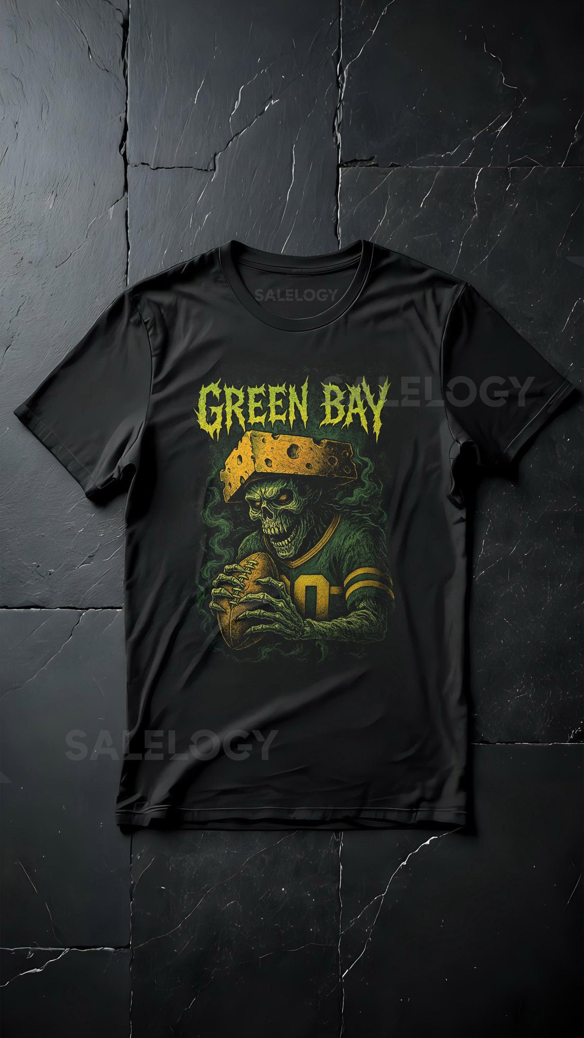 Green Bay Football Metal Band T-Shirt Spooky Cheese Head Tee_384