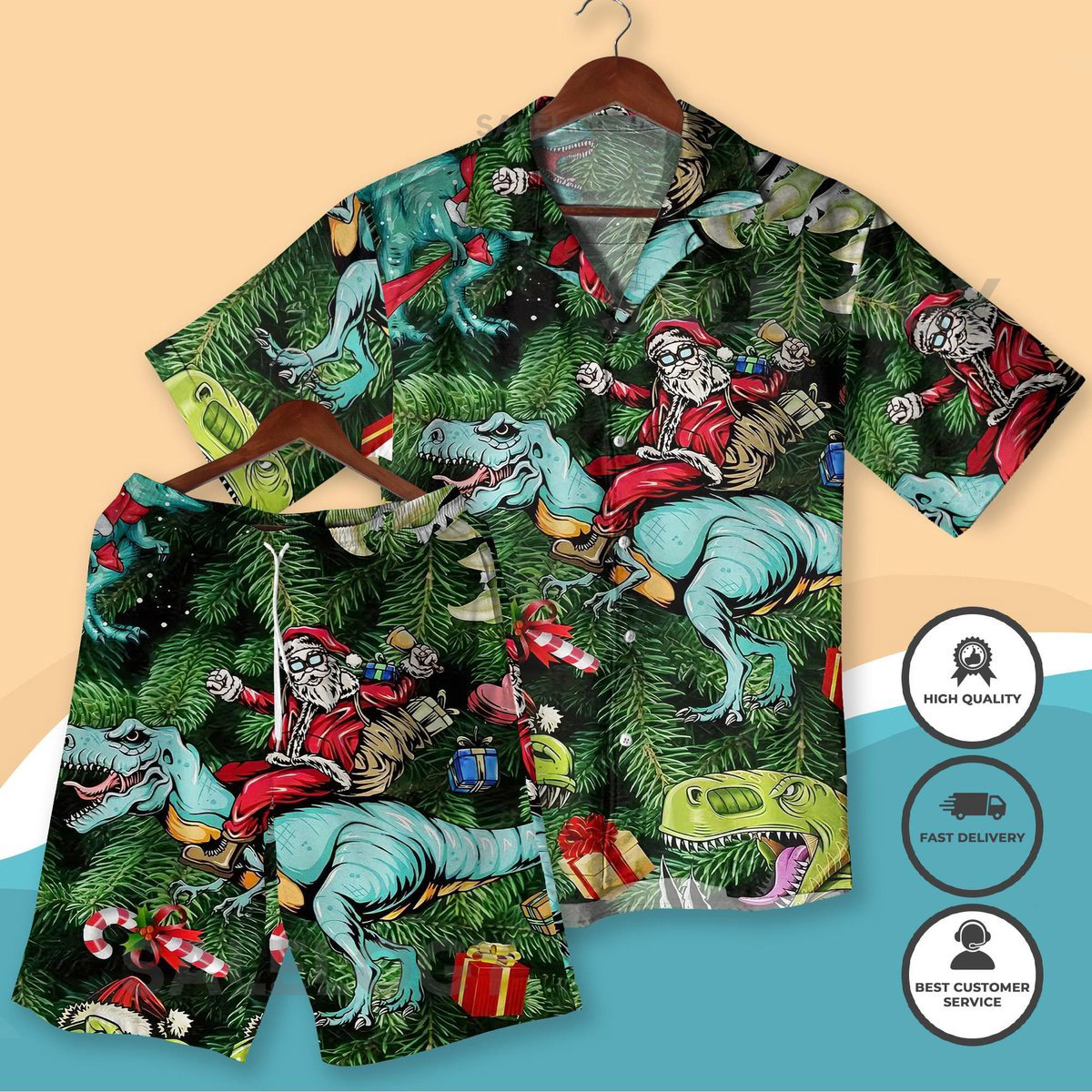 Santa Riding Dinosaur Christmas Hawaiian Shirt Set Funny Xmas Aloha Shirt and Shorts Festive Holiday Party Outfit Santa Hawaiian Shirts_232