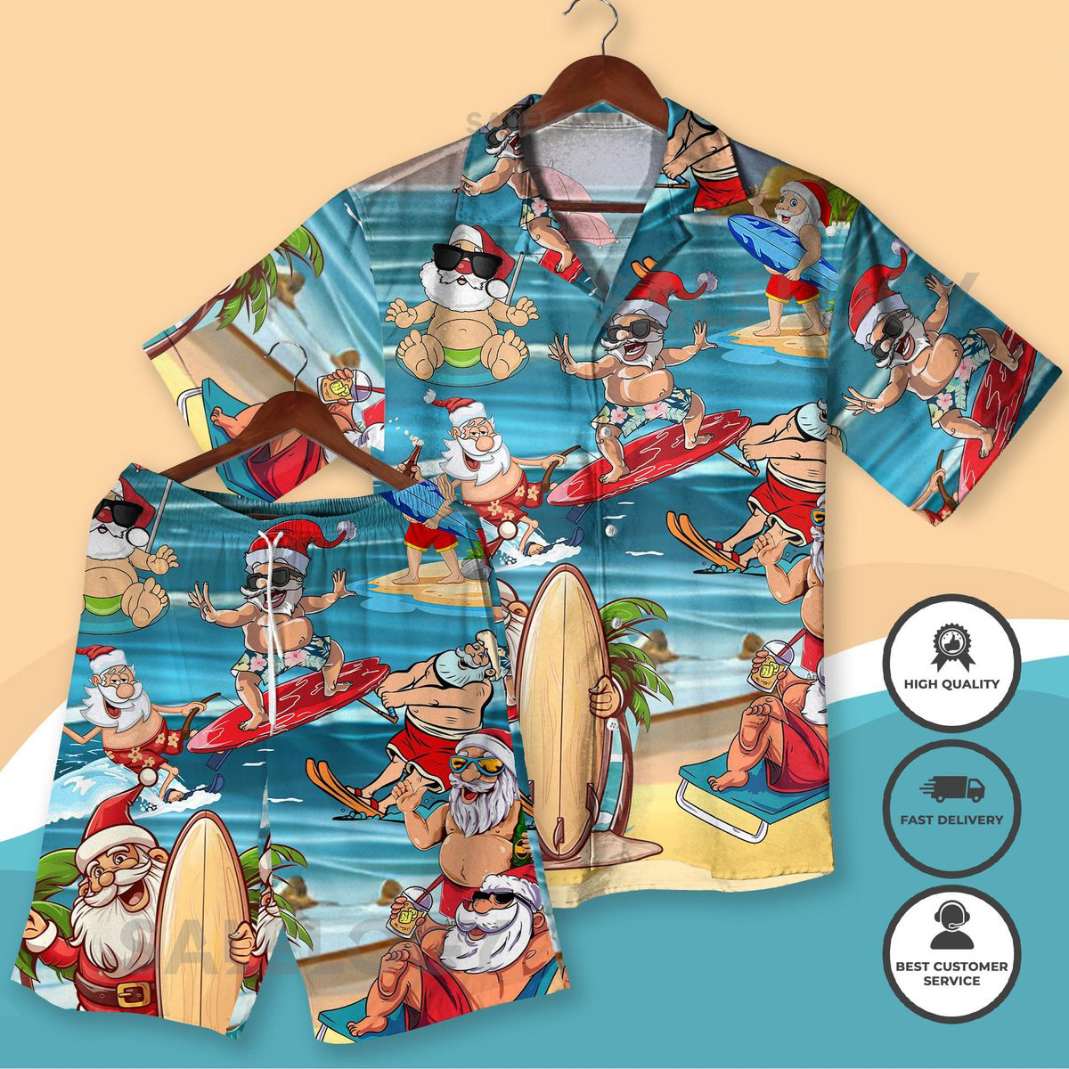 Surfing Santa Hawaiian Shirt Funny Christmas Beach Outfit Santa Claus Surf Holiday Aloha Shirt and Shorts for Men Women Xmas Shirt Gifts_274