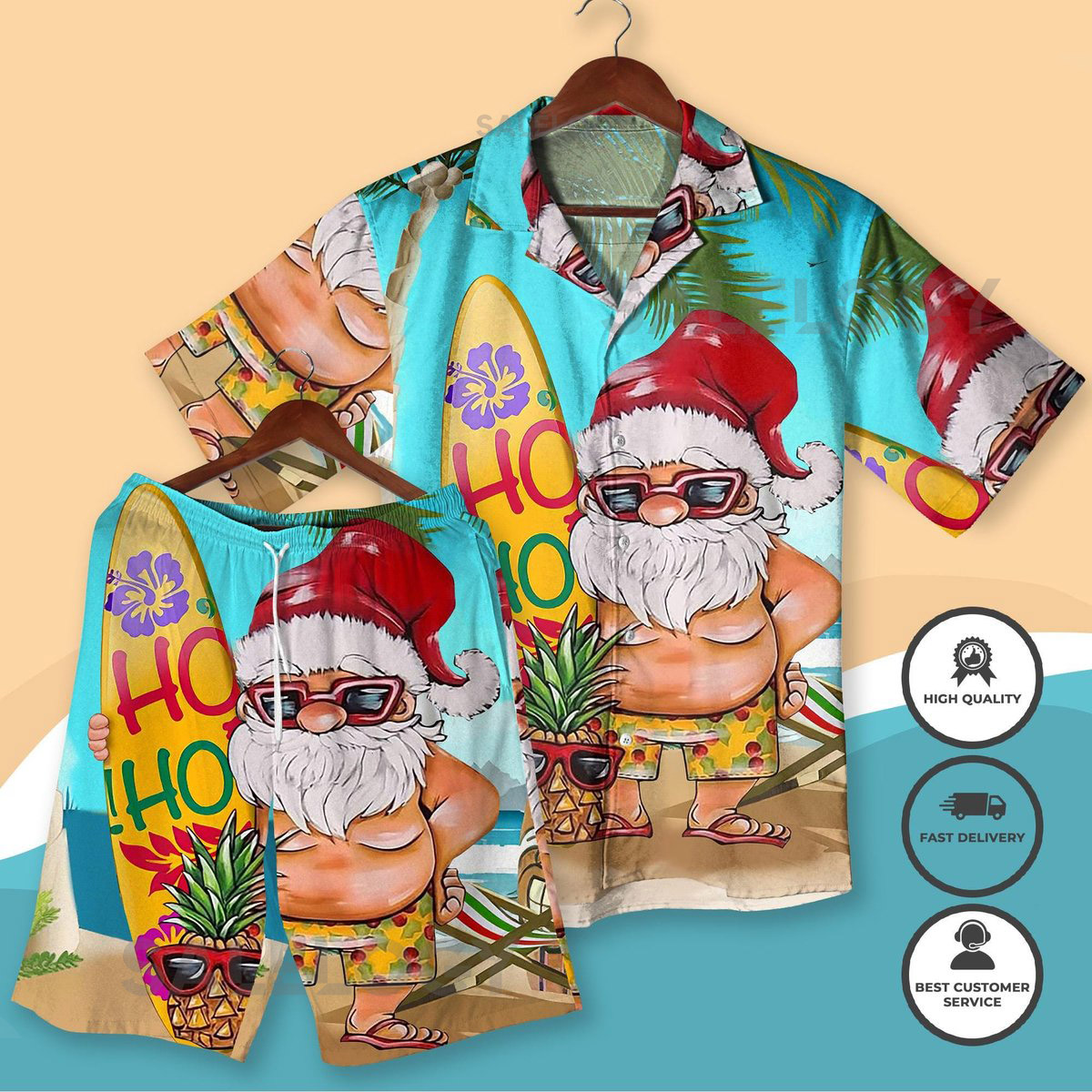 Santa Surfboard Hawaiian Shirt Funny Christmas Beach Outfit Ho Ho Ho Tropical Aloha Shirt and Shorts for Men Women Christmas Shirt Gifts_234
