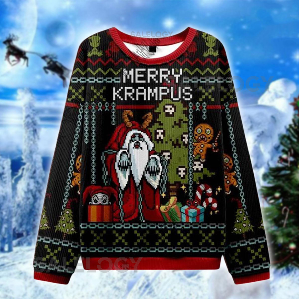 Merry Krampus Ugly Christmas Sweater Gothic Horror Holiday Sweatshirt Scary Santa Krampus  Funny Xmas Pullover Unisex