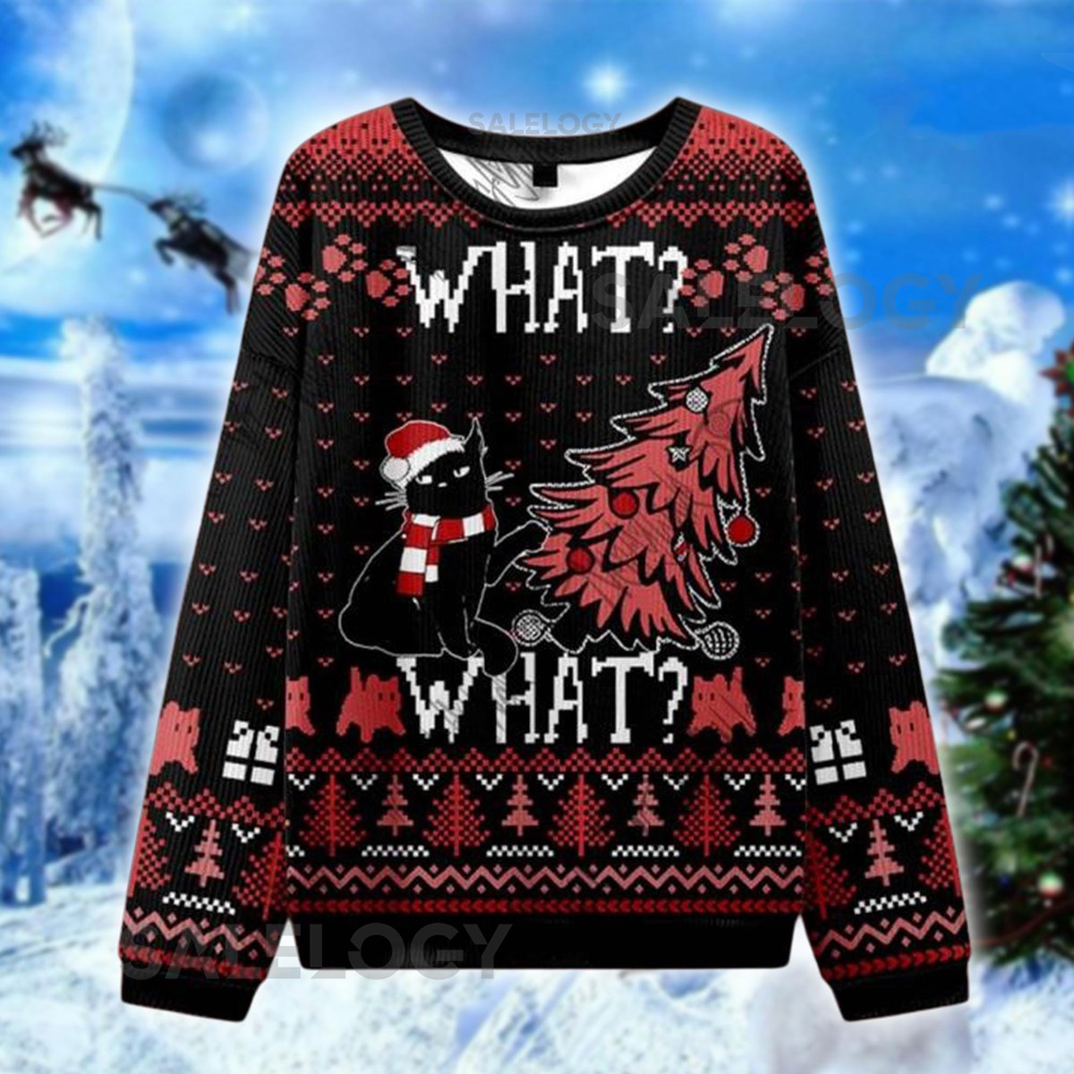 Funny Cat Christmas Ugly Sweater Black Cat Tree Destroyer Sweatshirt Xmas Humor Sweater Unisex Holiday Cat Sweater