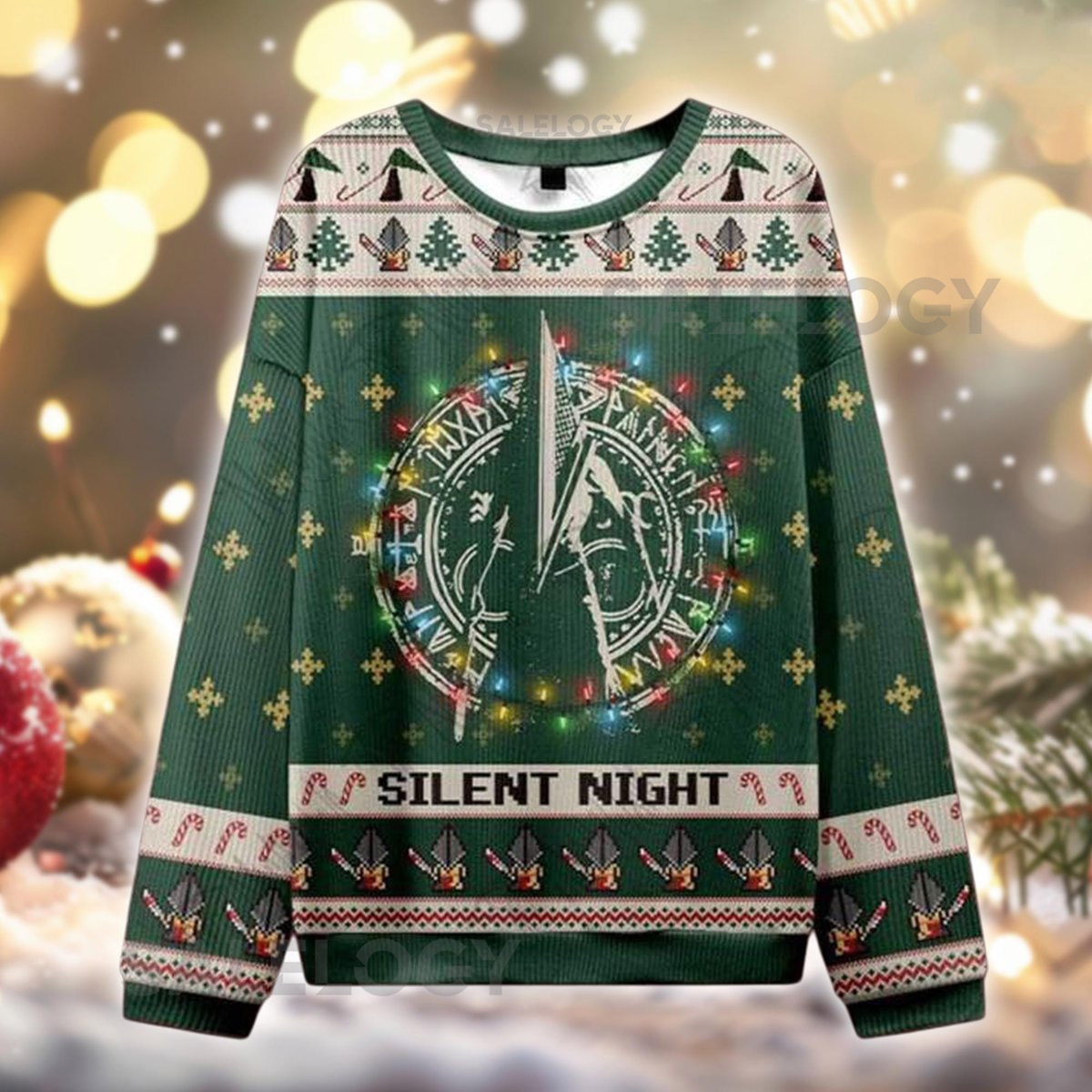 Silent Night Ugly Christmas Sweater Fantasy Warrior Holiday Jumper Gamer Christmas Sweatshirt Medieval Game Style for Him Her