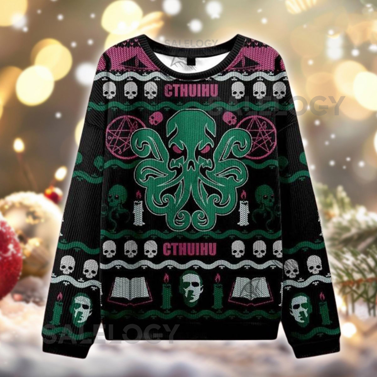 Cthulhu Ugly Christmas Sweater Lovecraft Holiday Sweater Horror Book Meme Sweater Gothic Halloween Xmas Gift for Him Her