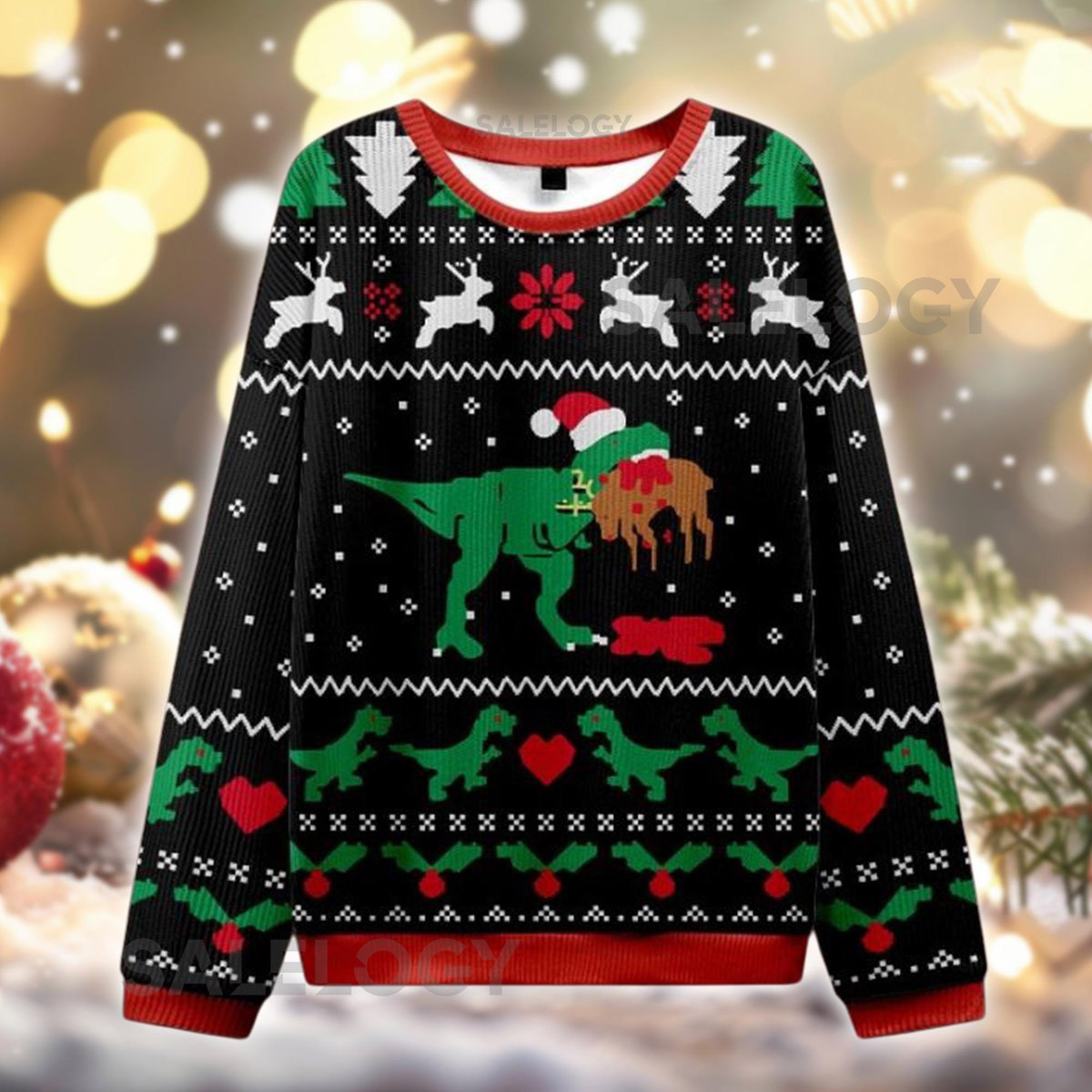 T-Rex Ugly Christmas Sweater Dinosaur Eating Gingerbread Xmas Jumper Funny Holiday Sweatshirt Unisex  for Him Her