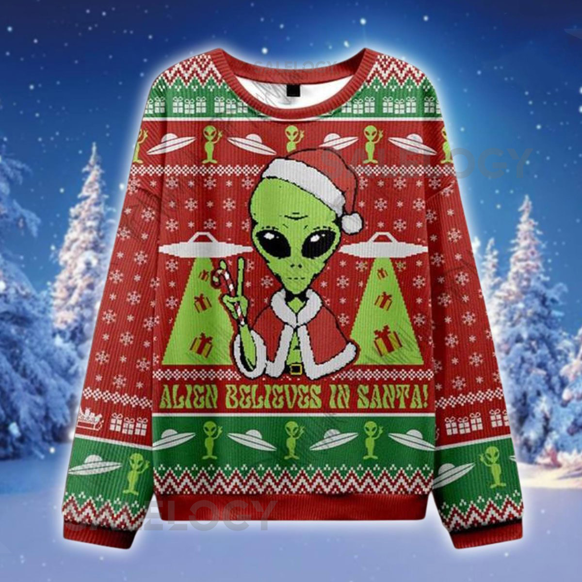 Alien Believes in Santa Ugly Christmas Sweater Funny UFO Holiday Sweatshirt Green Alien Xmas Jumper Space Lover Gift for Him Her