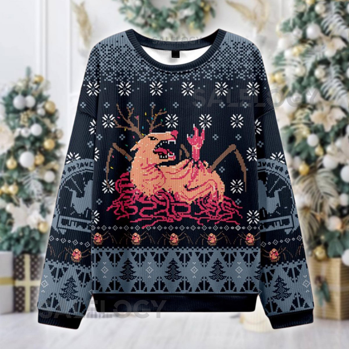 Cursed Reindeer Ugly Christmas Sweater Creepy Deer Monster Knit Jumper Horror Xmas Sweatshirt Weird Holiday Gift for Him Her