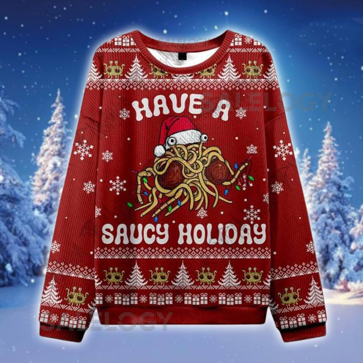 Flying Spaghetti Monster Ugly Christmas Sweater Saucy Holiday Knit Jumper Funny Pasta Xmas Sweatshirt Weird Holiday for Him Her