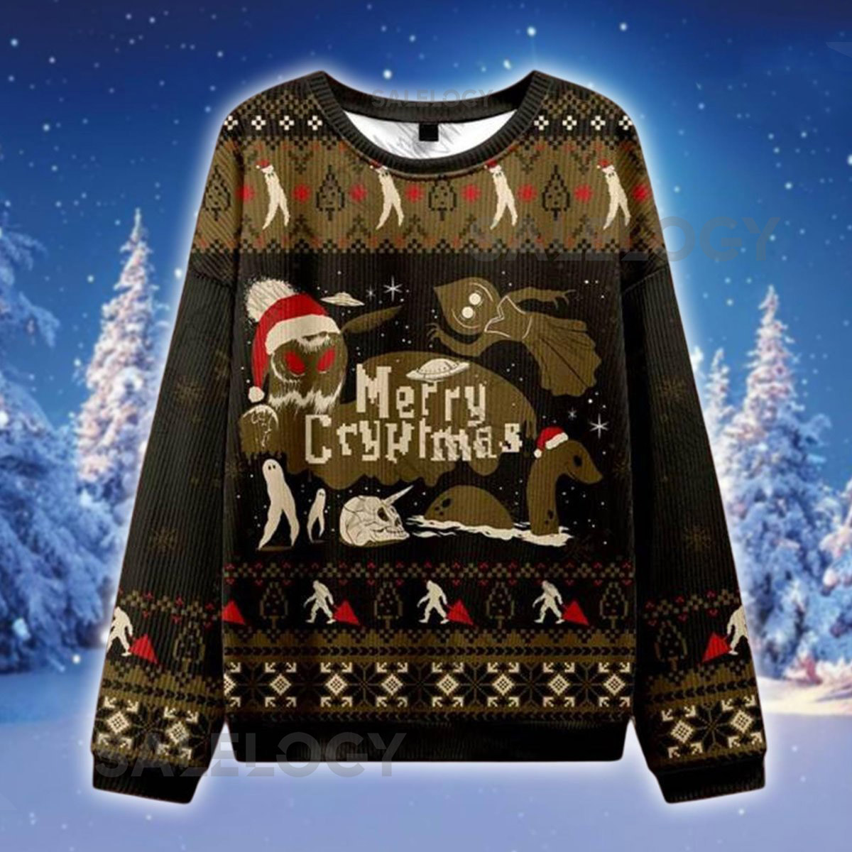 Merry Cryptmas Ugly Christmas Sweater Funny Cryptid Xmas Sweatshirt Bigfoot Nessie Mothman Holiday Jumper Monster Lover for Him Her