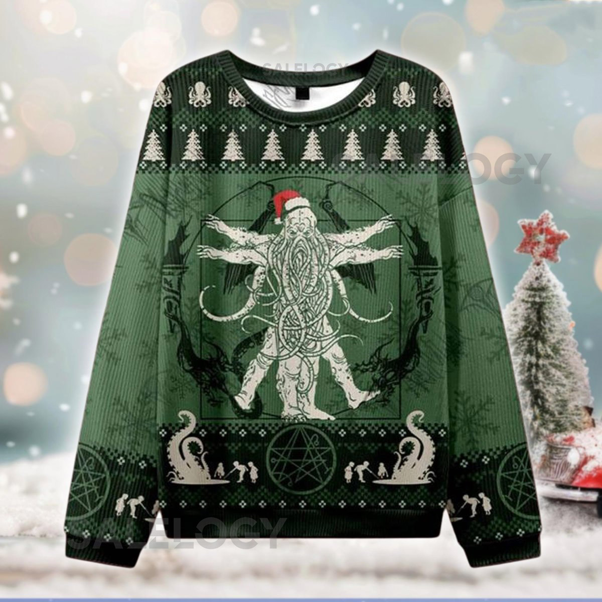 Cthulhu Vitruvian Man Ugly Christmas Sweater Eldritch Holiday Horror Sweatshirt Mythos Tentacle Monster Xmas Jumper Lovecraft Fan Gift