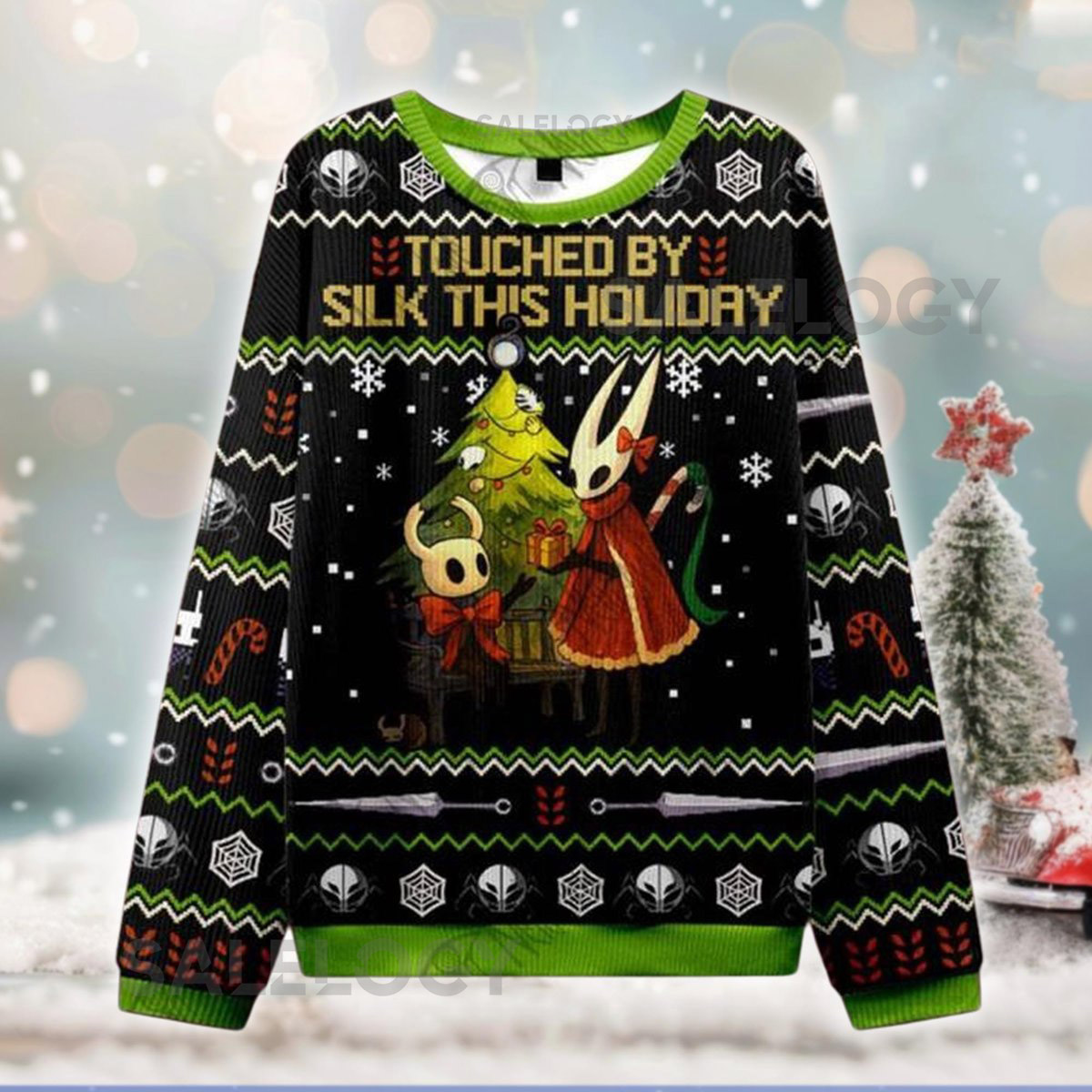 Touched By Silk Holiday Ugly Christmas Sweater Hollow Insect Game Cosplay Sweatshirt Funny Gamer Xmas for Fans Bug Knight Jumper
