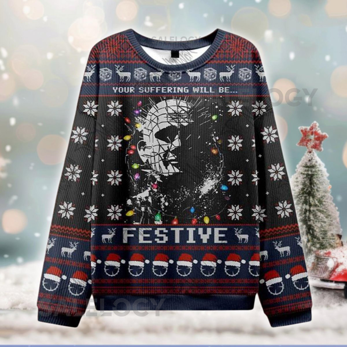 Hellraiser Ugly Christmas Sweater Horror Movie Festive Jumper Pinhead Holiday Sweatshirt Gothic Xmas Party for Him or Her