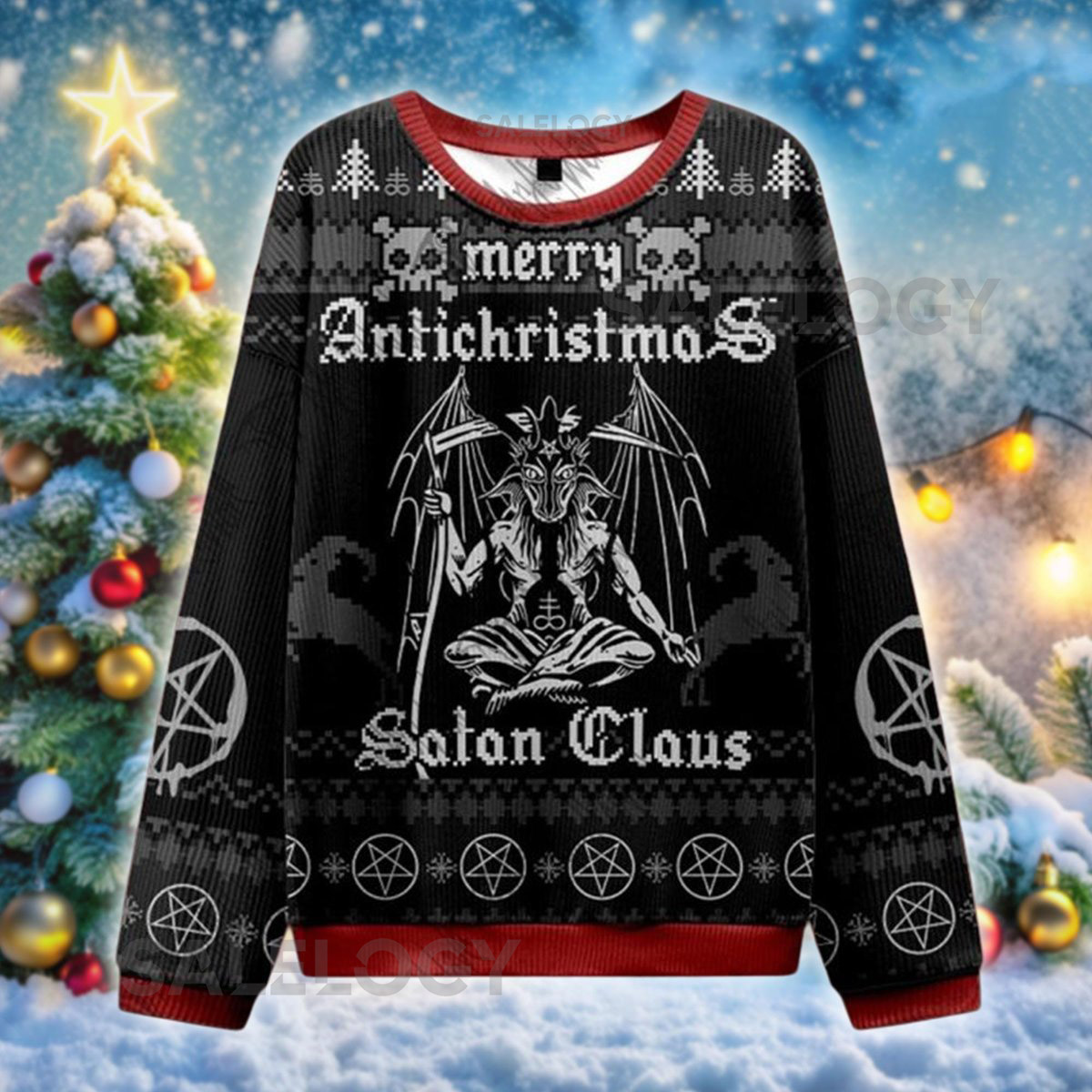 Merry Antichristmas Satan Claus Sweater Gothic Baphomet Xmas Ugly Sweater Dark Humor Holiday Jumper Occult Christmas for Him Her