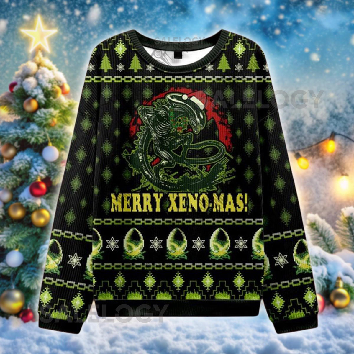 Merry Xeno-Mas Ugly Christmas Sweater Alien Xmas Jumper for Sci-Fi Fans Funny Holiday Sweater Nerdy Geek Christmas  Sweater