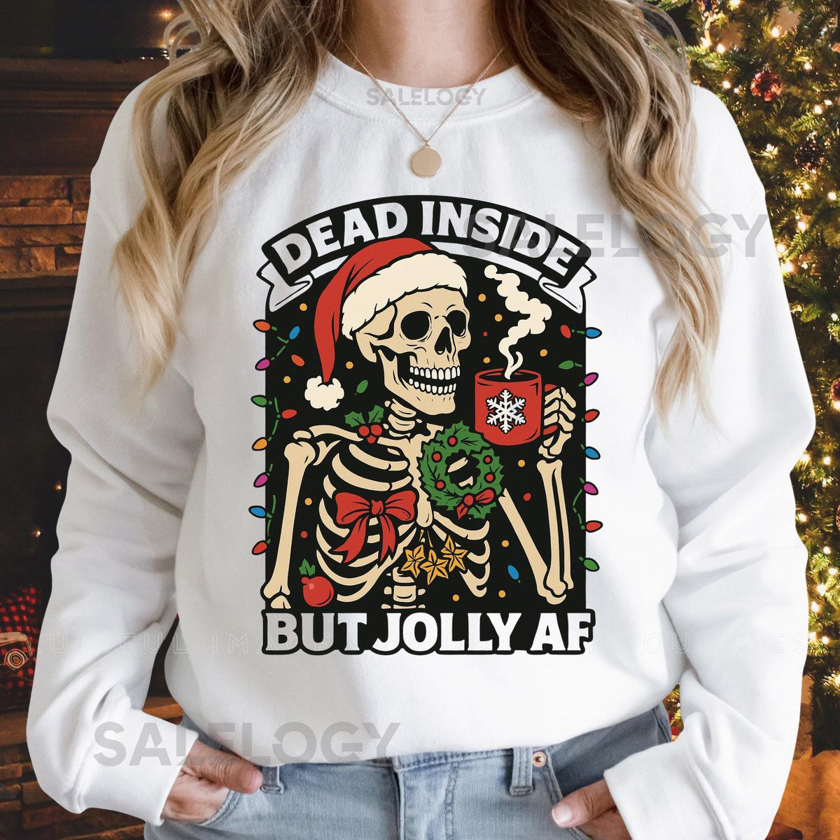 Dead Inside Skeleton Christmas Sweatshirt Coffee Lover Christmas Sweater Dead Inside But Jolly AF Shirt Skeleton Christmas Lights Shirt